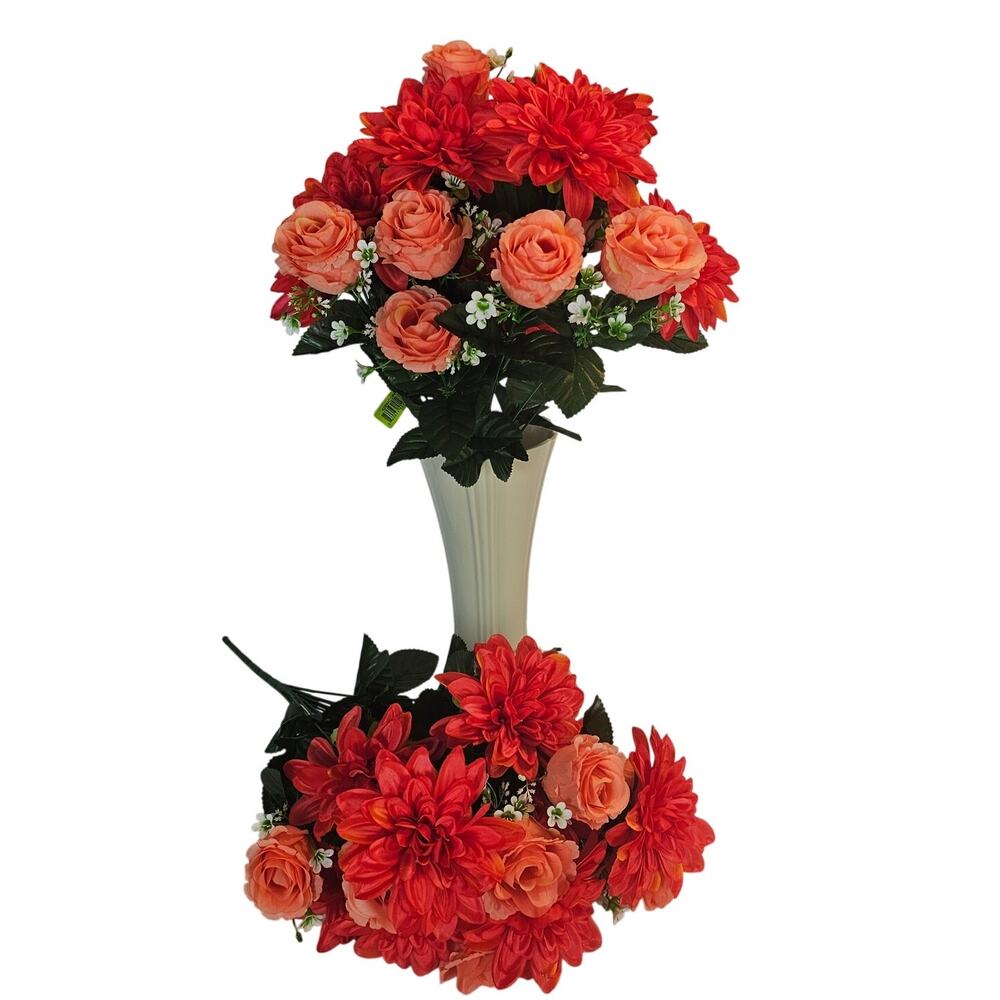 Silk Artificial Coral Rose Mum Bushes 22in Floral Decor Crafts Wedding Lot of 2